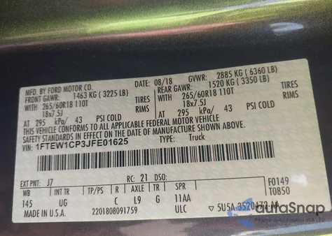 2018 Ford F-150 Xlt из США, поврежденный, VIN 1FTEW1CP3JFE01625